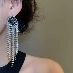 Side view of long silver tassel earrings with black diamond accents on model