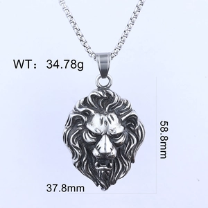 Polished stainless steel lion head pendant necklace with vintage silver oxidized finish