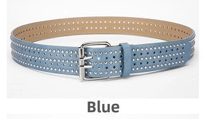 Detail of blue punk leather belt featuring silver star cutouts and triple rivet rows
