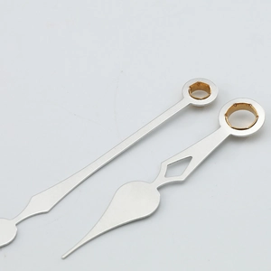 Polished silver metal quartz clock hands set with diamond-shaped hour hand detail
