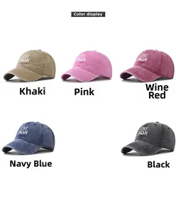 Detail showing embroidered CAT MOM caps in khaki, pink, wine red, navy blue, and black