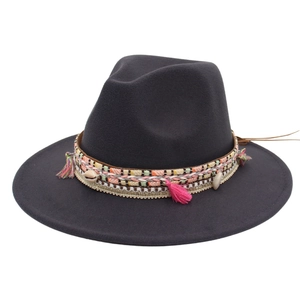Dark gray bohemian felt hat with ethnic woven band, pink tassels and shell charms