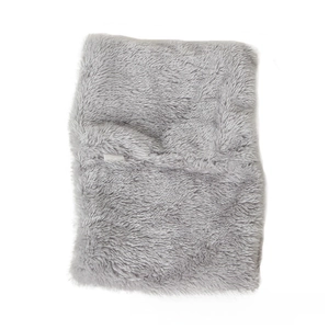 Close-up of grey plush neck warmer with thick double-layer texture and soft fluffy fabric