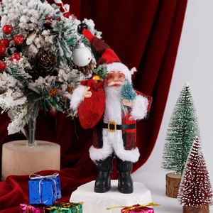 Detailed plush Santa Claus figurine in red checkered suit with gift bag and mini tree