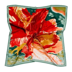 Detail view of 130cm square silk scarf with vibrant floral oil painting print and soft texture