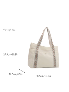 Schema dettagliato delle dimensioni per borsa tote beige con misure dei manici