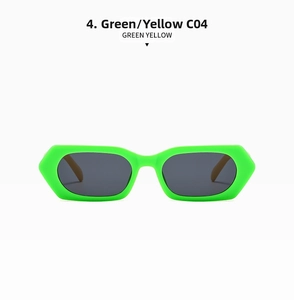 Close-up of retro green square sunglasses frames with high-quality gray tinted lenses