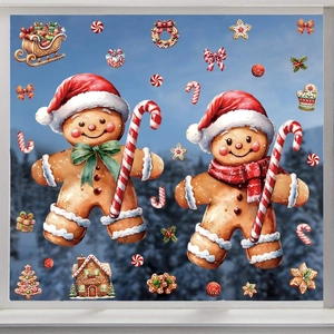 Christmas Window Stickers Gingerbread Man Candy House PVC Static Cling Decals Holiday Party Glass Decoration Removable