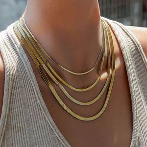 Layered gold flat snake chain necklace for men with high-shine polished stainless steel