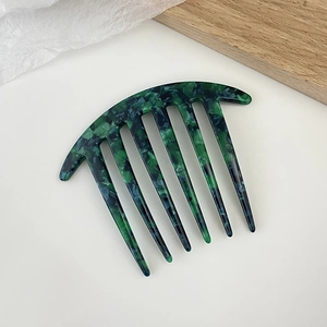 Minimalist green marble acetate 6-tooth hair side comb with retro tortoiseshell texture