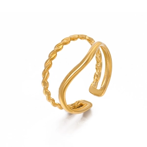 18K gold-plated double-layer open ring featuring twisted and smooth textured bands