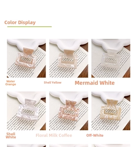 Selection of acetate claw clips in marble, shell, and floral patterns on a white tray