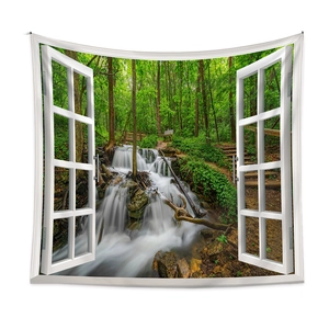 Detailed 3D landscape wall tapestry with forest waterfall and open window view