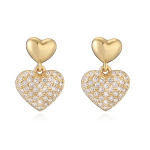 Retro gold-plated double heart drop earrings with white sparkling zircon stones
