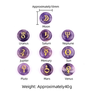 Solar system planet symbols engraved on round purple amethyst stones set of 10
