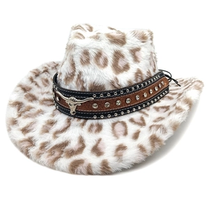 Detail of leopard print faux fur cowboy hat with studded belt and metal bull head