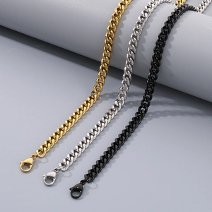 Unisex stainless steel Cuban link necklaces in gold, silver, and black with lobster clasp