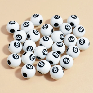 50pc 10-12mm white acrylic 8-ball billiards design round beads for DIY bracelet making