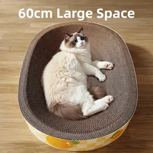 Grand griffoir ovale de 60 cm en carton ondulé et lit pour chat avec motif orange