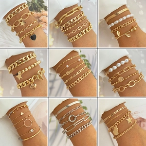 Vintage Multi Layer Alloy Bracelets For Women With Imitation Artificial Pearl Rhinestone Butterfly Coin Heart Pendant Boho Jewelry