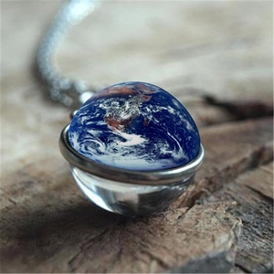 Double-sided glass globe pendant necklace with blue earth pattern on silver chain