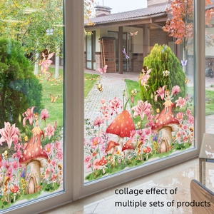 Detail of fairy garden window stickers with mushroom houses and floral decals
