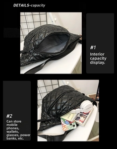 Detail of black quilted fanny pack showing large capacity for phone and earphones
