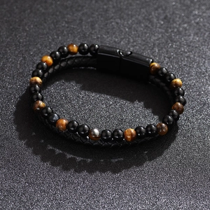 Men's double-layer tiger eye stone beads and black braided leather bracelet with magnetic clasp