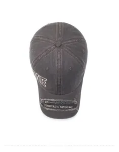 Detailed top view of vintage washed charcoal baseball cap with embroidery and distressed brim