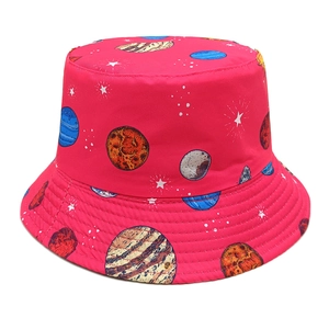 Detail of rose red sun hat with planetary space print and reinforced brim stitching