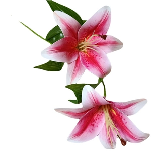 Lifelike 3D film artificial lily bouquet with pink-white gradient petals and green leaves