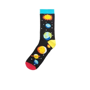 Detail of cotton crew socks featuring colorful solar system planets on black knit