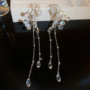 Elegant butterfly crystal tassel ear cuffs in silver finish for non-pierced ears