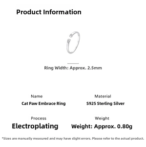 Detailed specs of S925 sterling silver cat paw hug ring with weight and dimensions