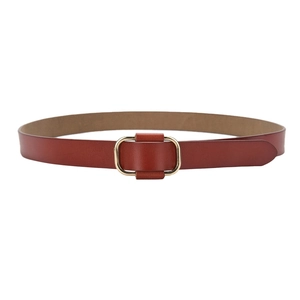 Classic dark brown genuine leather belt with a minimalist golden D-shape metal buckle