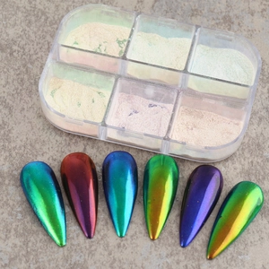 6-Farben-Set Aurora-Nagelpuder mit Chrom-Chamäleon-Effekt für metallischen Glanz-Look