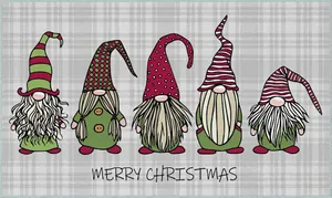 Detail of Christmas doormat showing five festive gnomes and Merry Christmas text