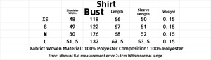 Detailed size chart for vintage print long sleeve shirt showing measurements in centimeters
