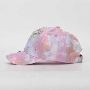 Kids tie-dye baseball cap with sparkling rhinestone dragonfly and adjustable strap