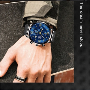 Close-up of men's business quartz watch with blue dial and black steel mesh band