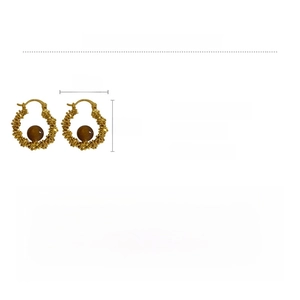 Detail of gold spiral earrings with brown resin beads and 2.5cm size specifications