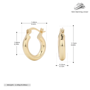 Detailed view of gold plated S925 sterling silver hoop earrings with precise dimensions