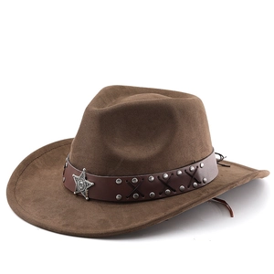 Western Cowboy Hat Faux Suede Wide Brim Vintage Star Badge Studded Leather Band Retro Unisex Outdoor Jazz Fedora