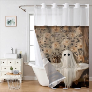 Detail view of double-layer waffle shower curtain with cute ghost and black cat artwork