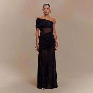 Robe Longue Élégante Pour Femmes Avec Patchwork En Maille Une Épaule Froncée Couleur Unie Coupe Slim Soirée Sexy