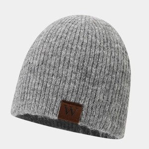 Gray ribbed knit beanie for men and women with a brown leather patch and stylish stripe texture