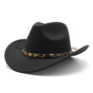 Black wool felt cowboy hat with leopard print belt and gold star studs on white background