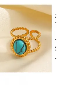 Macro detail of vintage gold ring featuring turquoise stone and double beaded band