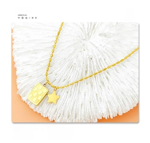 Detail of 18k gold plated titanium steel star and checkerboard pendant necklace