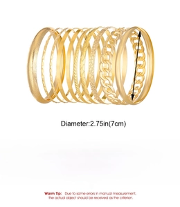 Detail showing 12-piece gold alloy bracelet set with various textured chain links